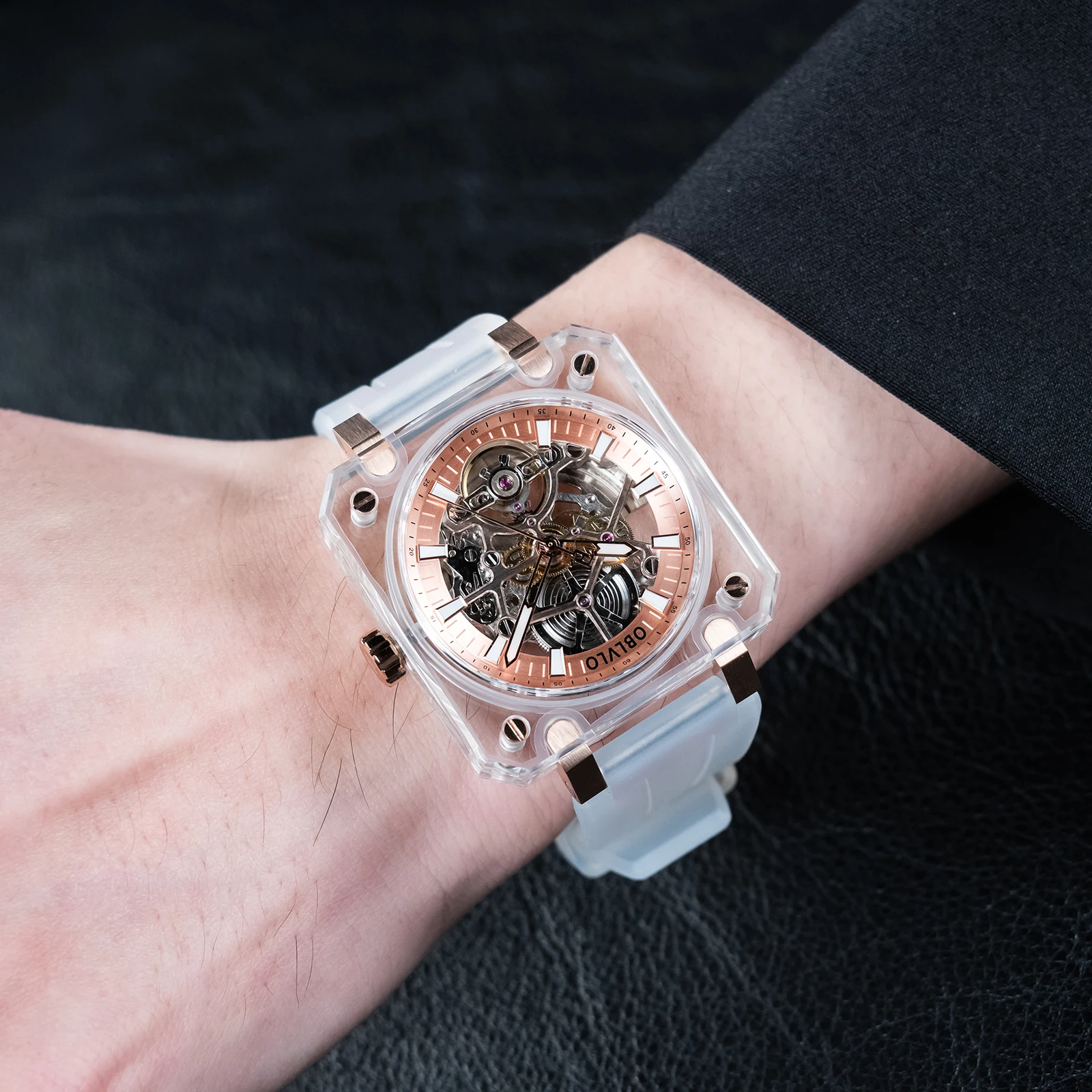 OBLVLO Men's High-End Skeleton Automatic Mechanical Watch Square Clear Case Waterproof Rubber Strap Sport Fashion Timepiece BRM