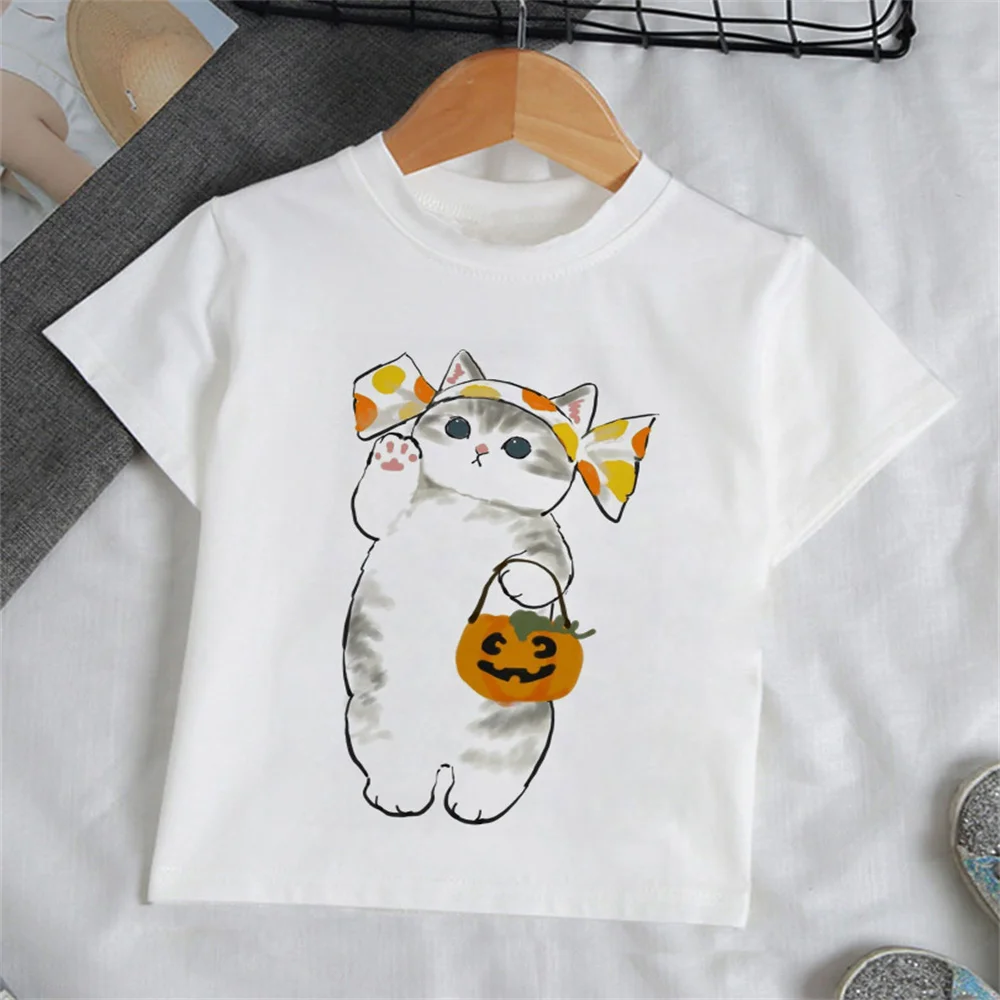 Camiseta de gato de dibujos animados para niñas, ropa de moda para niños de 3 a 12 años al aire libre, camiseta para adolescentes, Ropa para Niñas