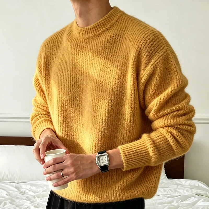 Neuer Herren-Strickpullover in Unifarben für Frühling und Herbst, Lässiger Modischer Pullover mit Gerippter Textur, Langen Ärmeln und Rundhalsausschnitt – Detail 18