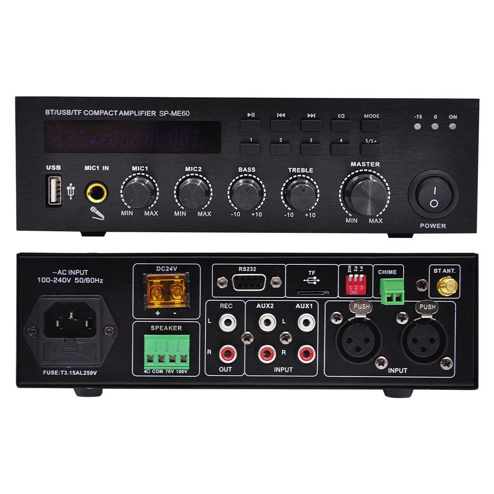 Bluetooth-compatible Power Amplifier 60W Wireless Audio Power Amplificador 100V 70V 4-16ohm USB TF Card Digital Music System