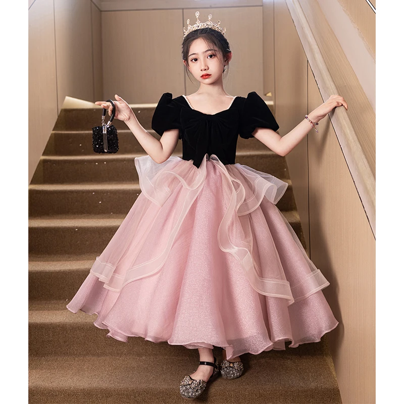 

Girls dress velvet long sleeve girl birthday party princess dress fluffy tulle floor-length sweetheart neckline pearl decoration