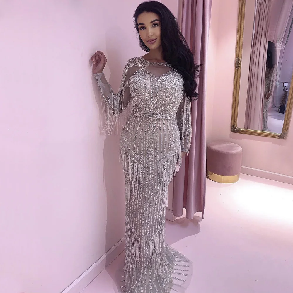 

Sharon Said Luxury Silver Nude Mermaid Evening Dress with Long Sleeves for Women Wedding Party Prom Gown Arabic SS214 Customized