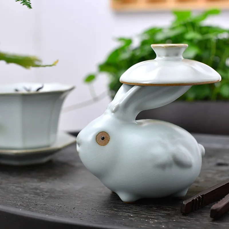 New Year Rabbit Tea Pet Ornaments, Fine and Cultivable Cracking Auspicious Sculptures, Ru Kiln Tea Sets, Tea Tray Ornaments