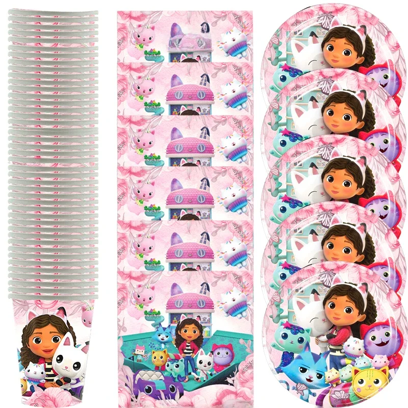 60 pçs/lote Gabby's Dollhouse Tema Conjunto de Talheres Feliz Aniversário Festa Pratos Copos Pratos