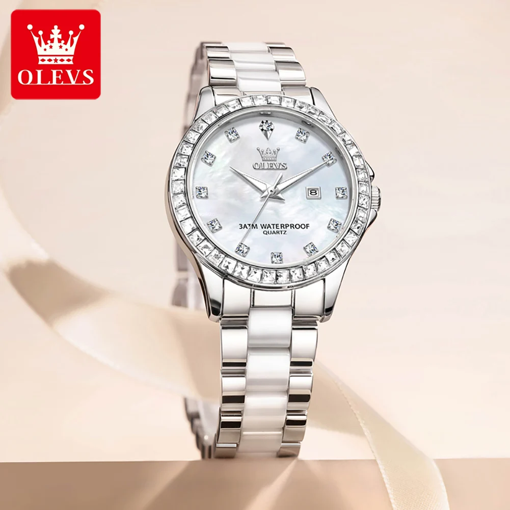 

OLEVS 3651 Women's Luxury Quartz Watch Elegant Waterproof Wristwatch with Ceramic Strap Date Function Diamond Bezel Gift Box