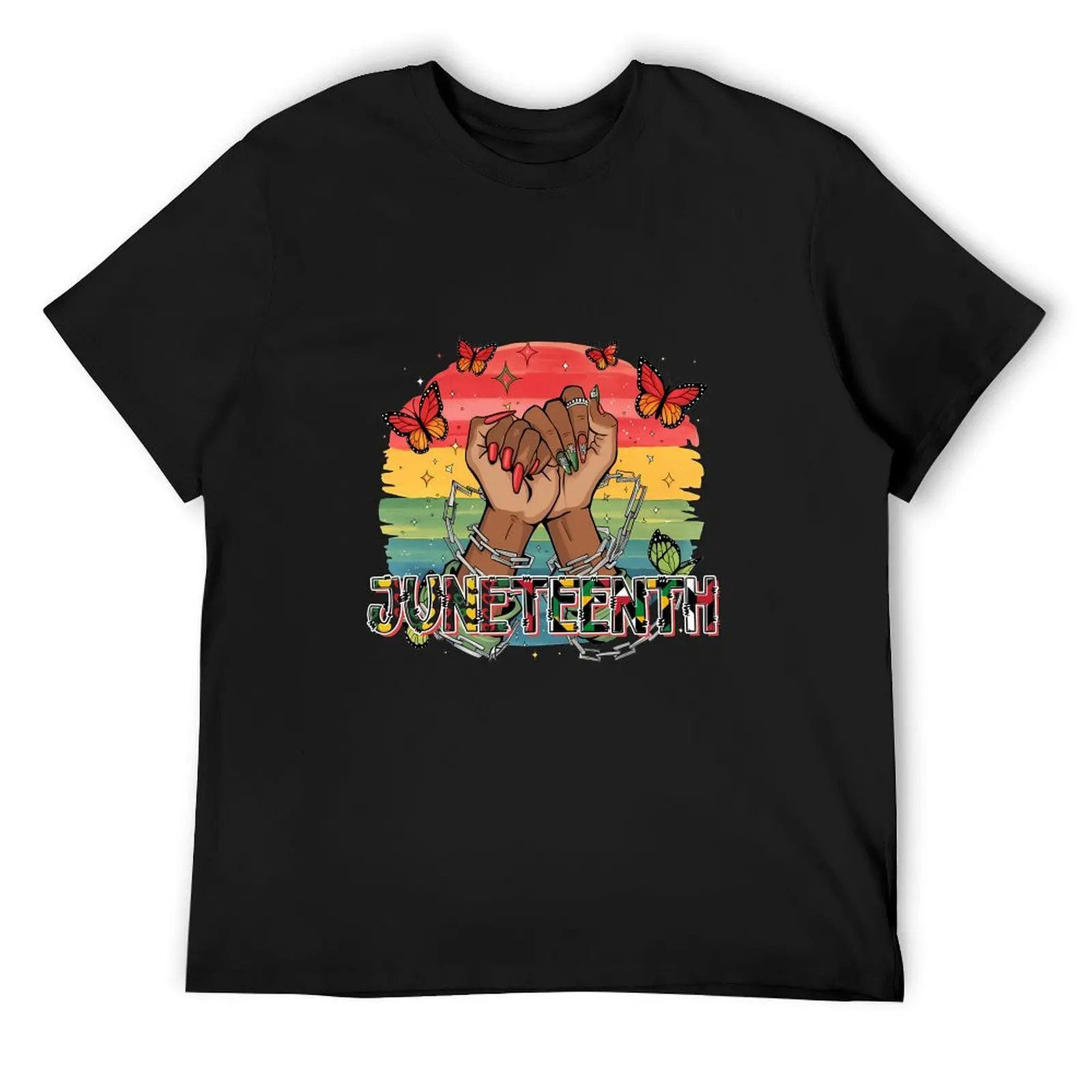 Vintage Rainbow Background Juneteenth Broken Chain Melanin Hands Butterfly African American Heritage Tshirt