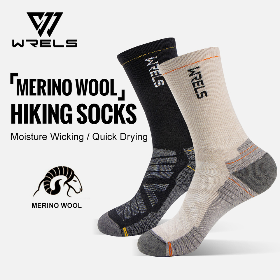  WRELS Merino Wool Socks Hiking Running Socks Soft Lightweight Shock Absorption Damping Mid-Calf Breathable Ankle Cycling Socks 
