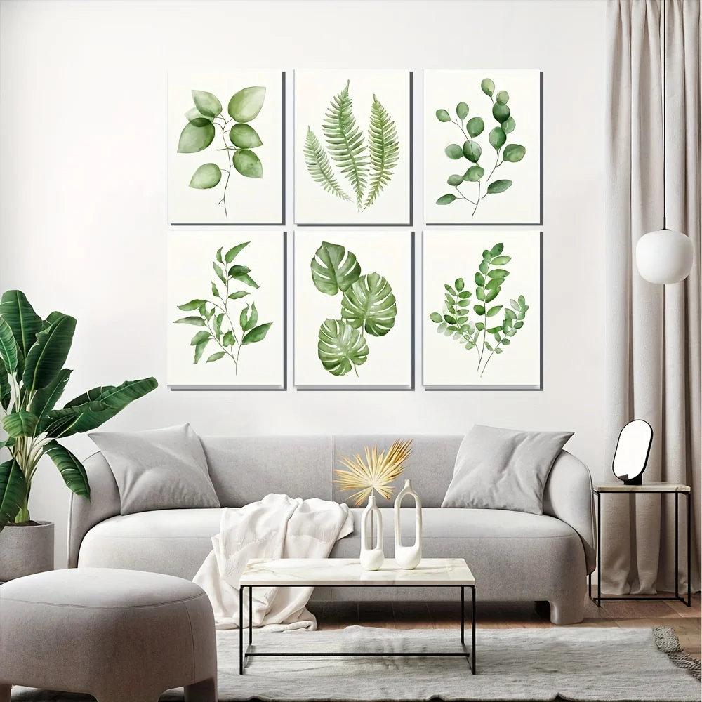 6pcs Botanical Canvas Wall Art Tropical Plant Green Leaves Eucalyptus Floral Posters, Print For Bathroom Kitchen Wall Decor - Un