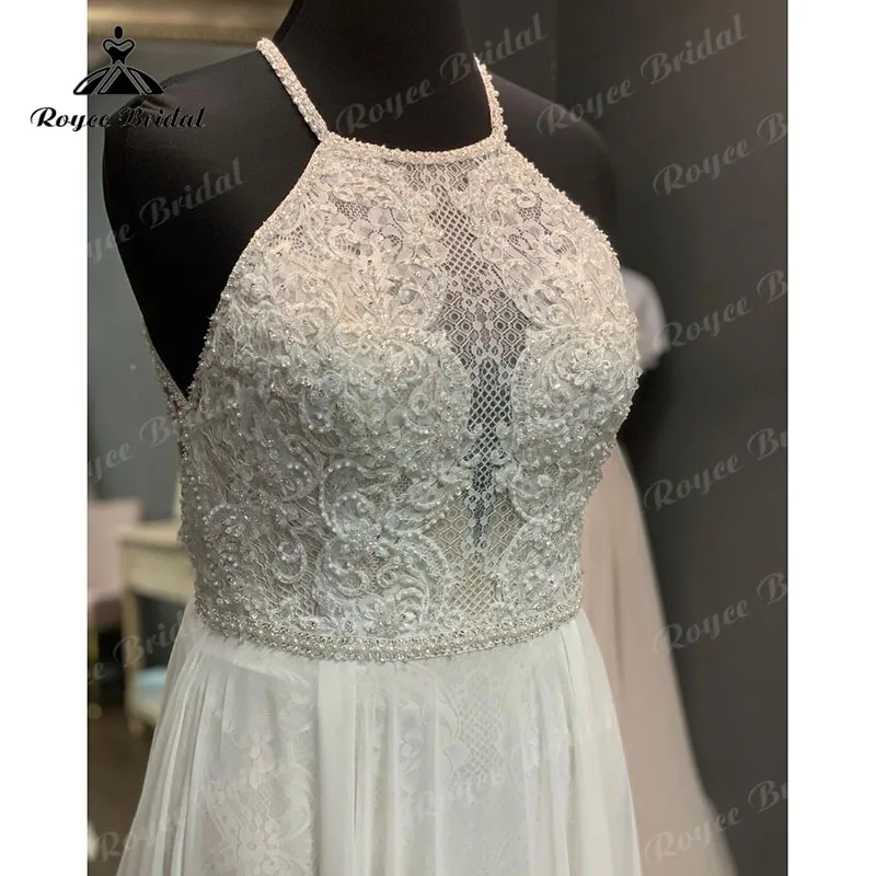 Luxo halter pescoço beading rendas chiffon aberto para trás uma linha boho vestido de casamento praia vestido de noiva robe de mariée feito sob encomenda 2023