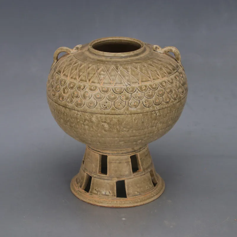 Western Jin Yue Kiln Celadon Covered Jar Double Handles Carved Pattern Vintage Ceramic Incense Burner Home Decor