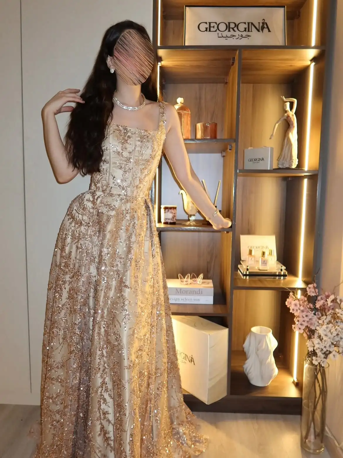 LumiGown Champagne Gold Spaghetti Straps Evening Dress Sequin Floral Embroidery Formal Gown U Back Floor Length CustomPartyDress