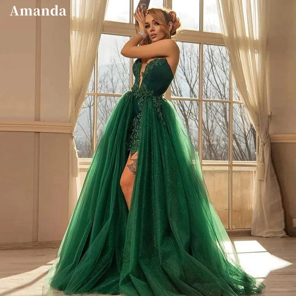 Amanda Luxury ค็อกเทลชุดไปงานเต้นรำชุดราตรีสีเขียว فستان سهرة หางที่ถอดออกได้อย่างเป็นทางการชุดกวาดรถไฟชุดราตรี