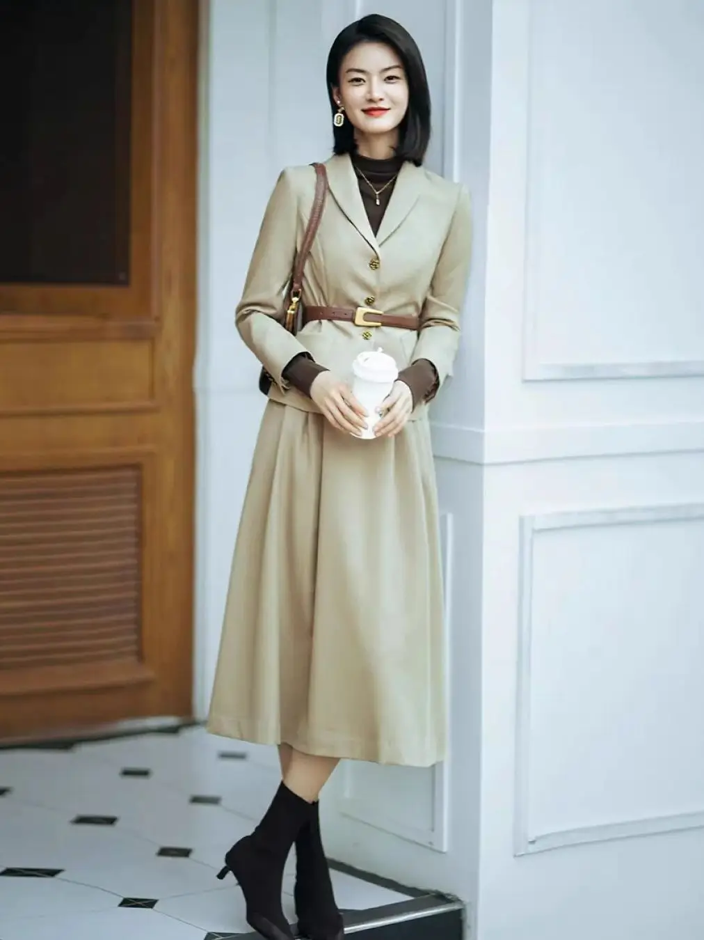 Autumn elegant women's office style solid color belt decorated wool skirt suit