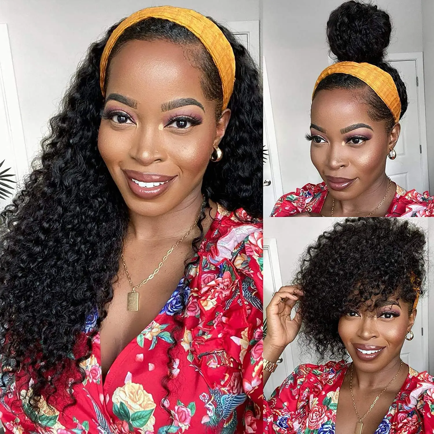 Headband Wig Human Hair Wigs 22 Inch Wear and Go Glueless Wig Curly Deep Wave Headband Wig Natural Color