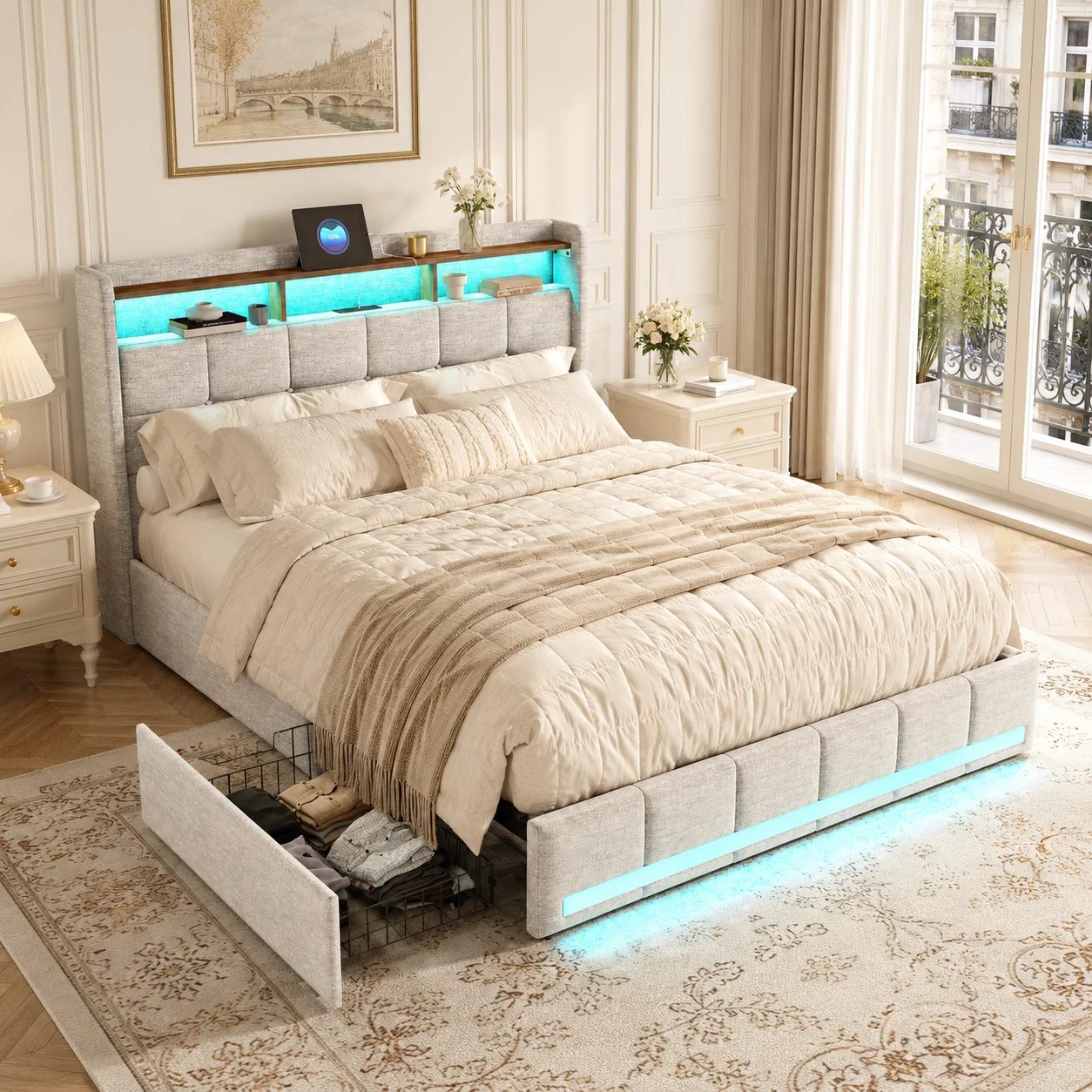 Lit Rembourré 140x200 cm, Lit Double en Lin avec Rangement, Cadre de Lit Coffre avec 4 Tiroirs, Tête de Lit Rangement, Sommier à Lattes en Bois, Lit Adulte, Jeune, Invités, Chambre, Gain de Place, Maison, Appartement,