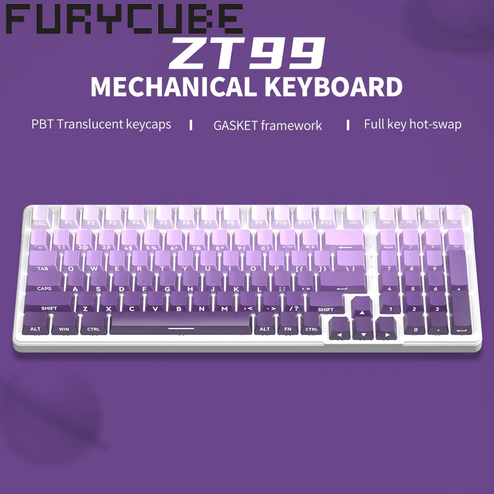 FURYCUBE ZT99 لوحة مفاتيح ميكانيكية سلكية متدرجة منقوشة على الجانب، تأثيرات ضوئية بيضاء قابلة للتبديل السريع