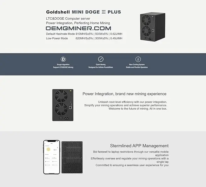 KIC New Goldshell Mini Doge III Plus ASIC Miner لـ Doge Coin & LTC Hashrate 810M 500W Power مع سلك طاقة اشتر 2 واحصل على 1 مجانًا #4