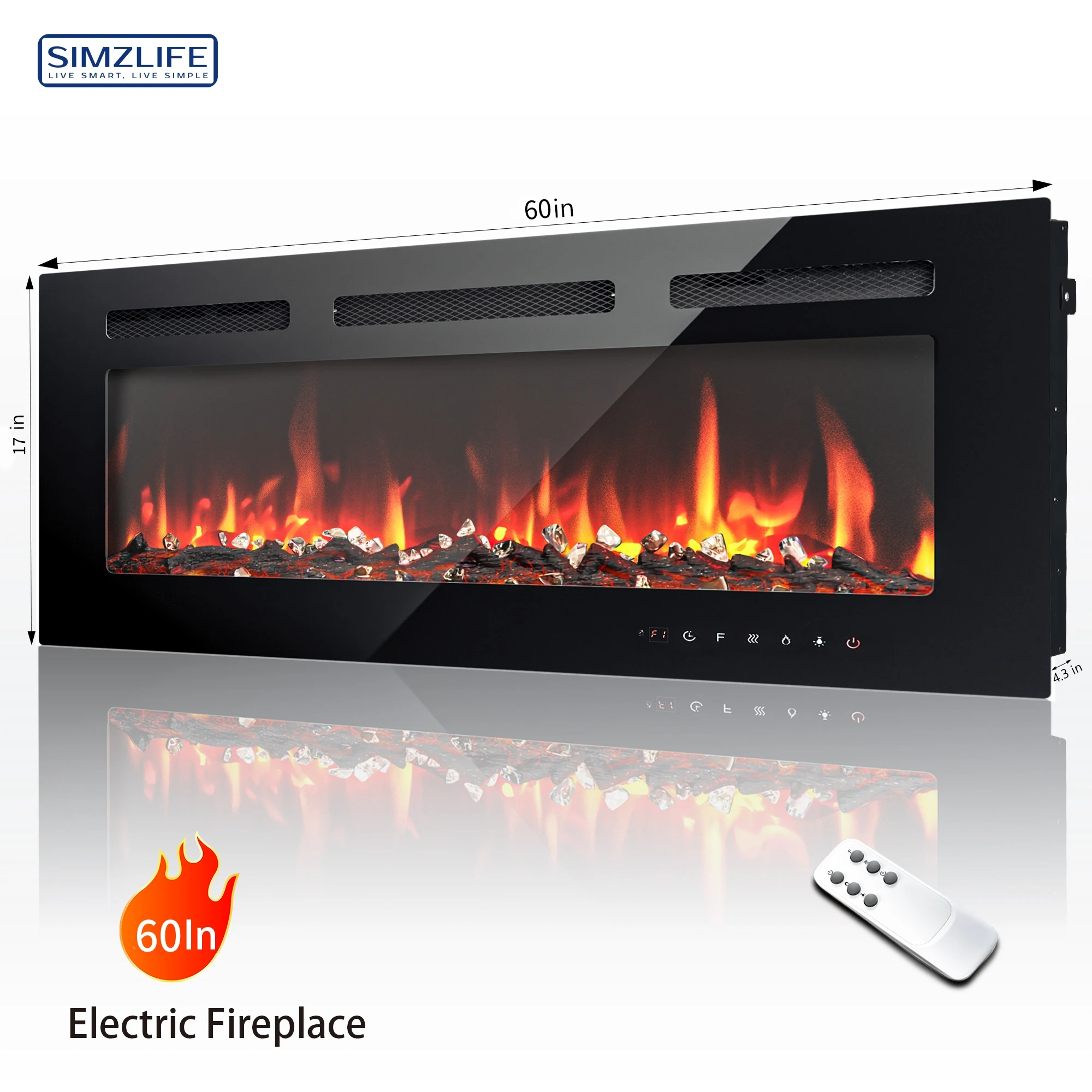 Simzlife 3D Electric Fireplace in-Wall Recessed 60