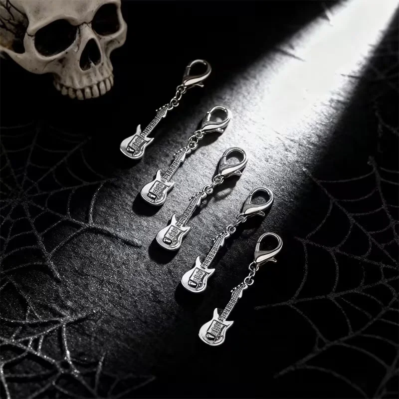 Set of 5 silver guitar-shaped shoe charms in a Gothic-punk style—versatile, everyday accessories suitable for both men and women