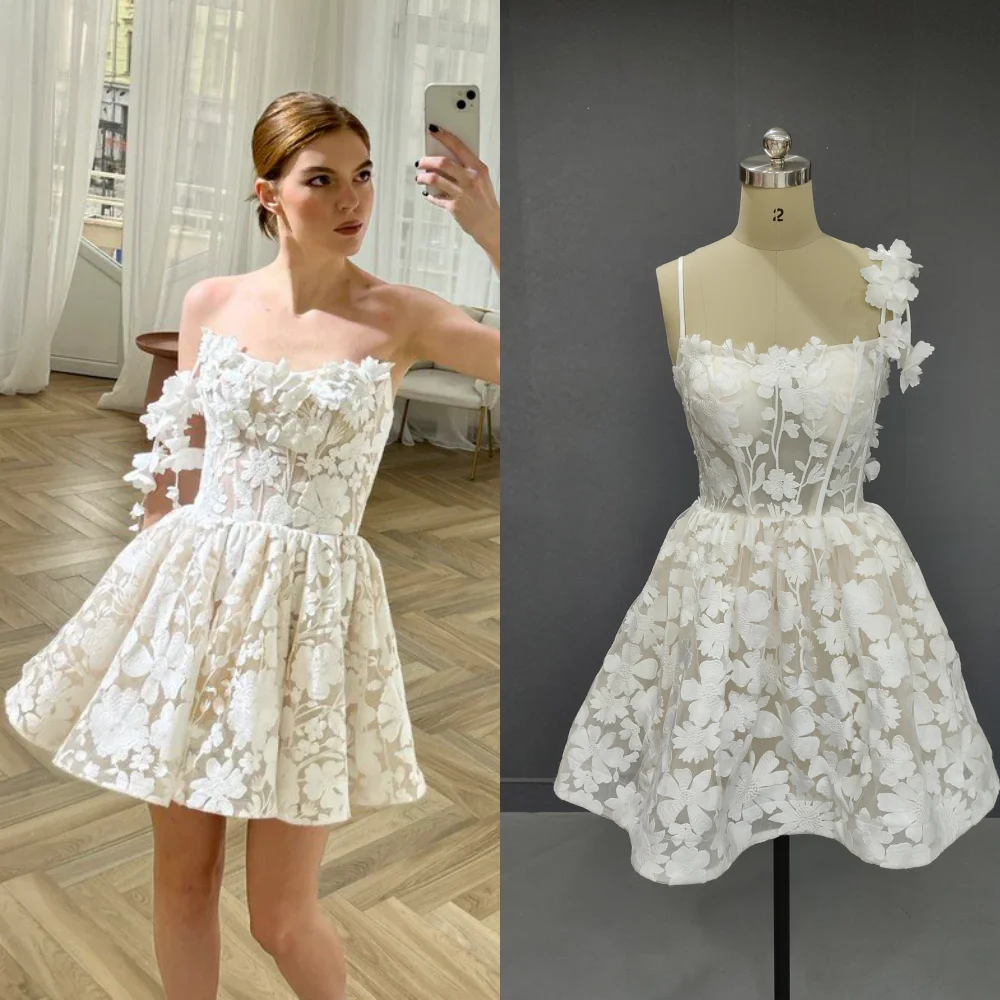 

3571# Real Photos Spaghetti Straps Flowers Lace Mini A-line Wedding Gown For Women 2024 Elegant Engagement Party Dress