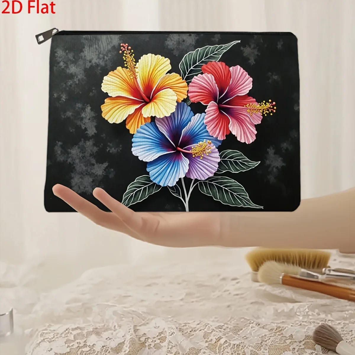1Pc, Colorful and Vibrant Floral Black Retro Design Multifunctional Travel Makeup Bag, Snack Storage Bag, Stationery Storage Bag, Fashionable Toiletry Bag, Canvas Double-Sided Printed Zipper Pouch