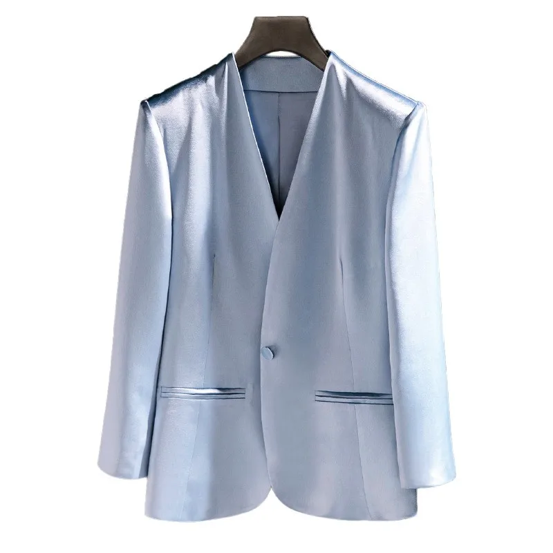 Collarless Coat Slim Fit Fitted Elegant Commuter with Regular Sleeve Medium Long Length Single Button Closure Spring Women Suit