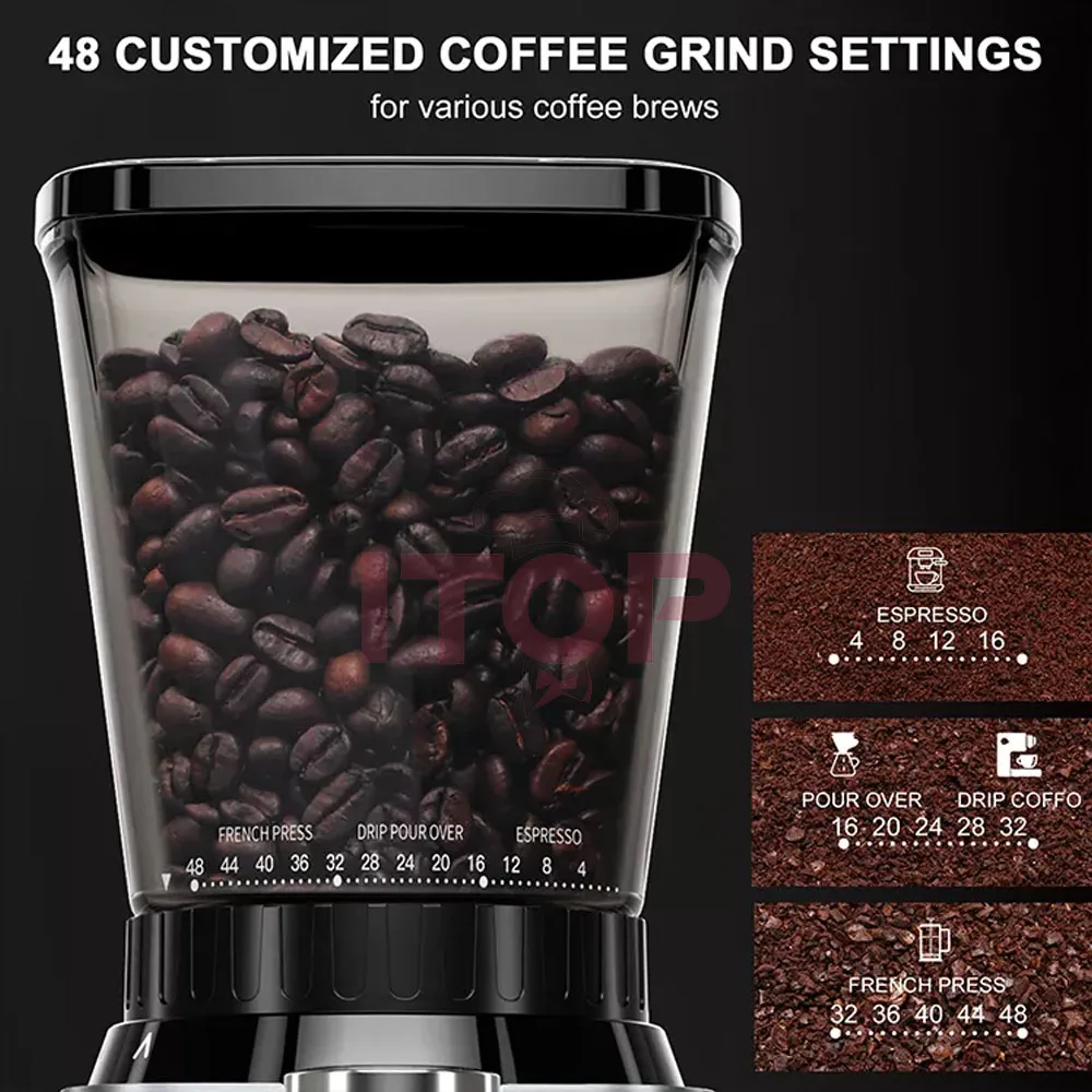 ITOP มีส่วนร่วมใน Penggiling Kopi Conical Burr SUS420กาแฟ Beginners' Choice ถอดง่ายปรับ Stepless จอแสดงผล LED และลูกบิด