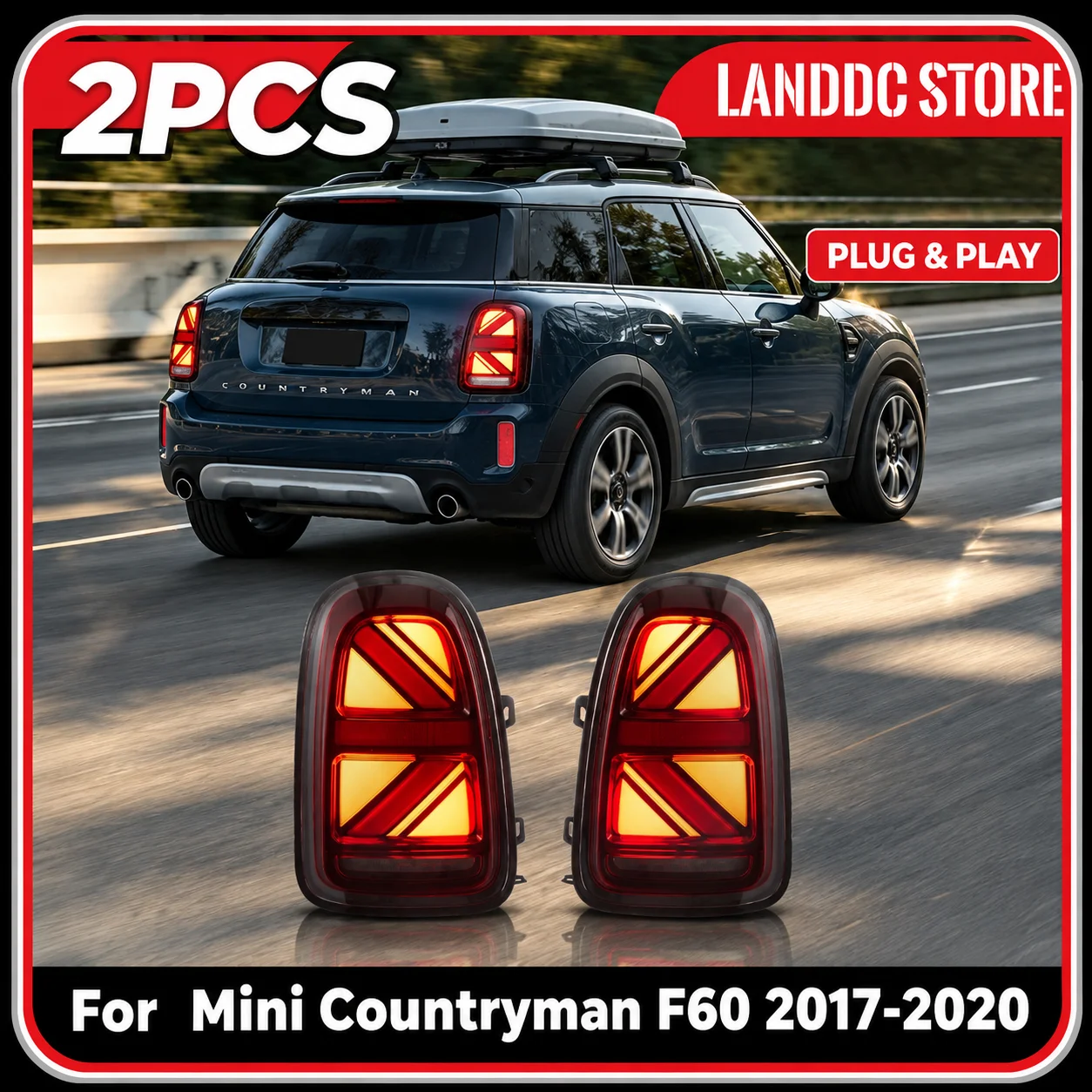 Paar LED-Rückleuchten für Mini Countryman F60 2017-2020 mit Start-Animation, Tagfahrlicht, Nebel-, Rückfahr-, Brems- und Rückleuchten, Auto-Zubehör