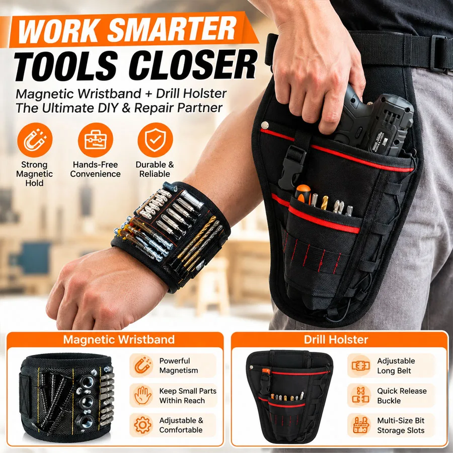 Electric Tool Storage Set 1Set, Drill Waist Bag Magnetic Wristband, Adjustable Belt Bit Slots Magnetic Tool Holder