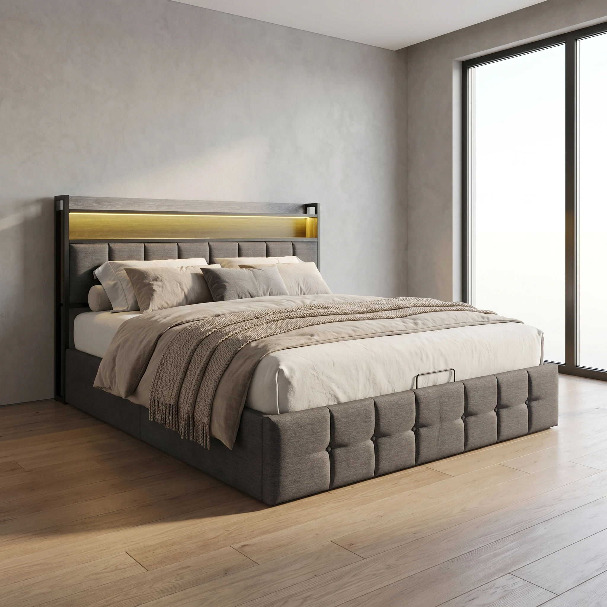 Letto matrimoniale con contenitore, rivestito, in tessuto di lino grigio, con meccanismo a gas, struttura a doghe per la camera da letto, materasso non incluso.