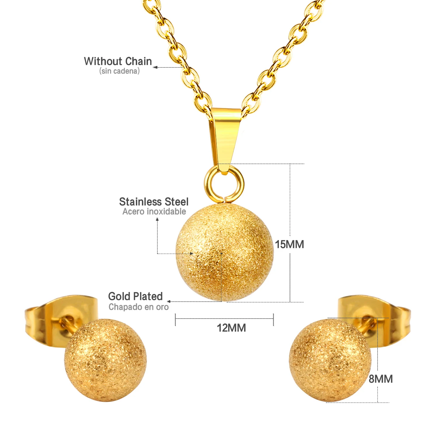 Image 3: LUXUSTEEL – ensemble de bijoux givrés, pendentifs à la mode, collier et boucles d'oreilles pour femmes, collier à chaîne ronde en acier inoxydable doré