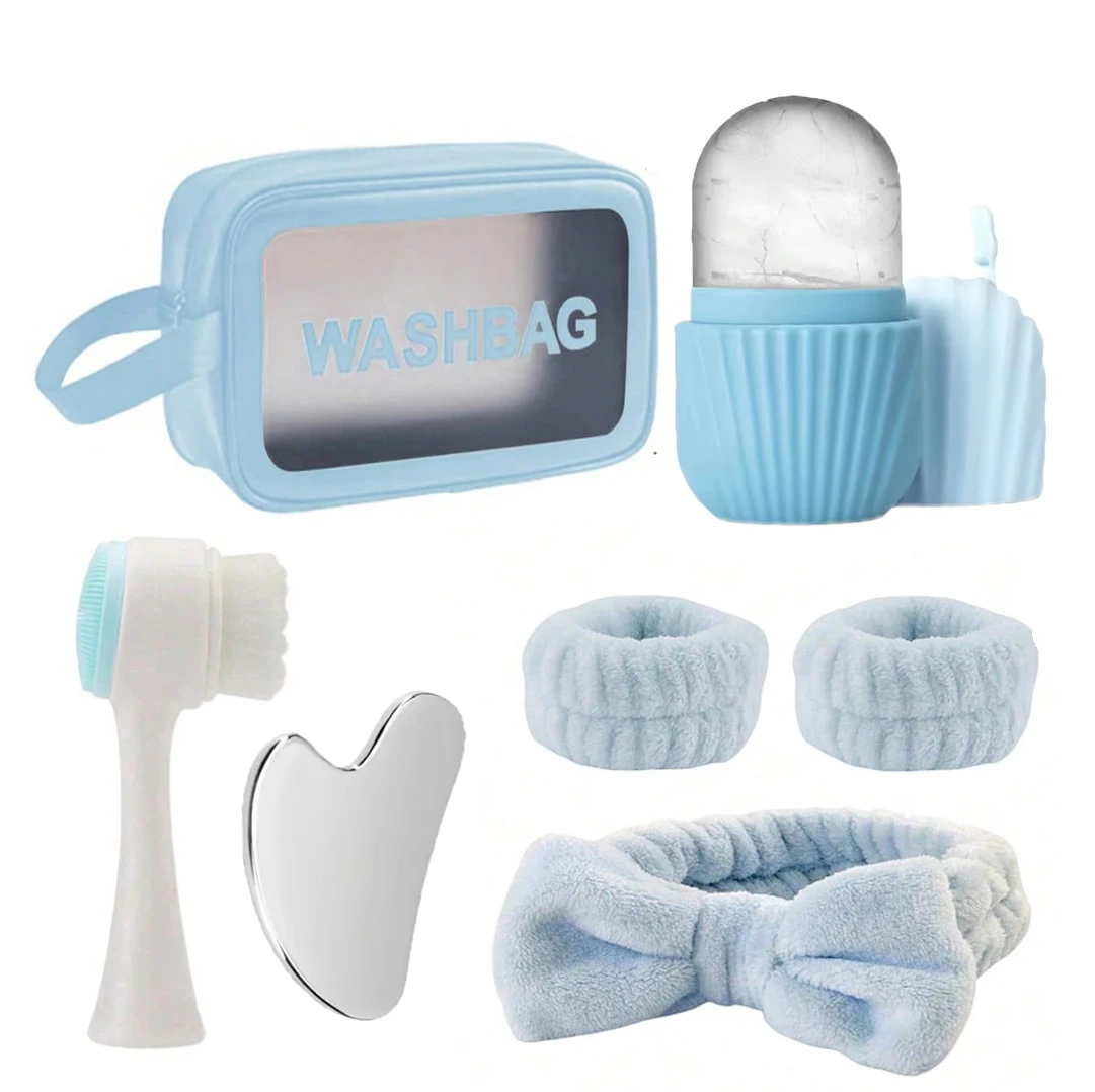 7pcs Home Skincare Set Ice Mask Roller Stainless Steel Gua Sha Board Facial Cleansing Brush Headband Waterproof Toiletry Bag