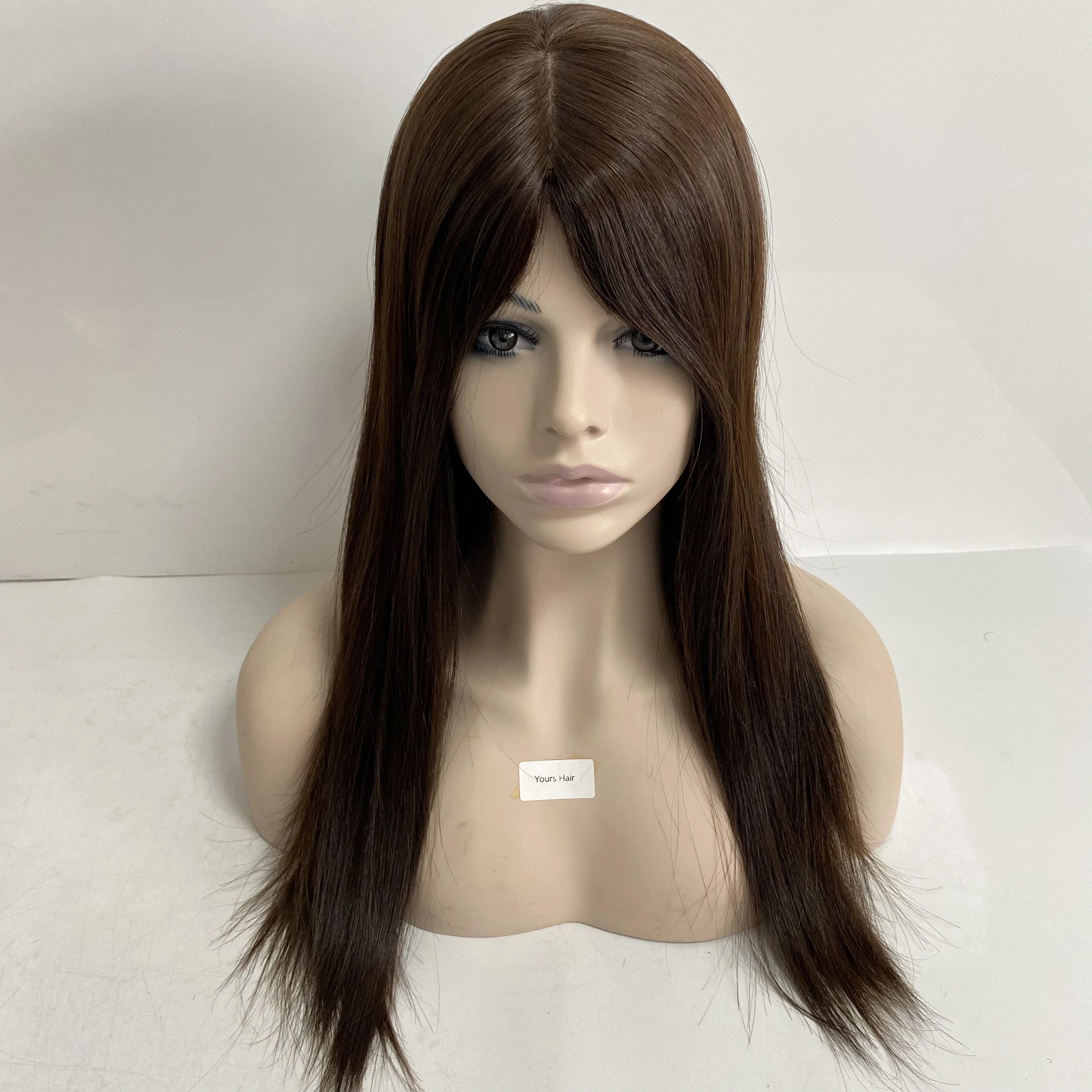 22 inches Brazilian Virgin Human Hair Silky Straight Medium Brown Color 4 Jewish Kosher Wig for White Woman