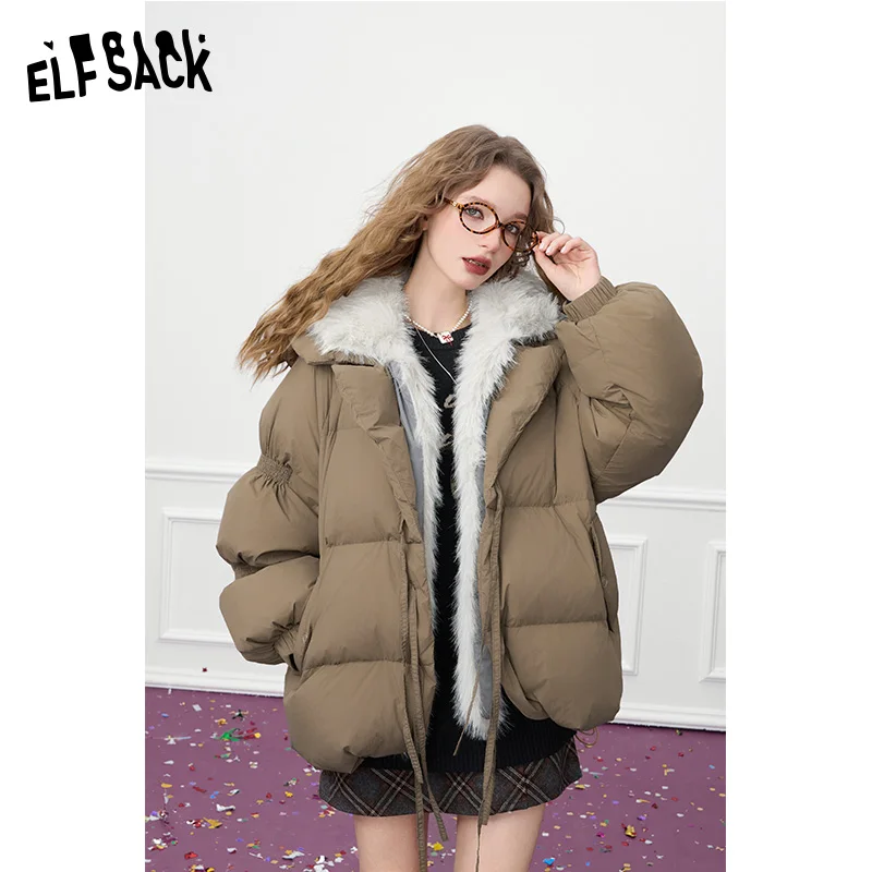 Elfsack 2024 inverno recém chegados gola de pele falsa costura para baixo jaqueta feminina raglan manga longa casaco quente