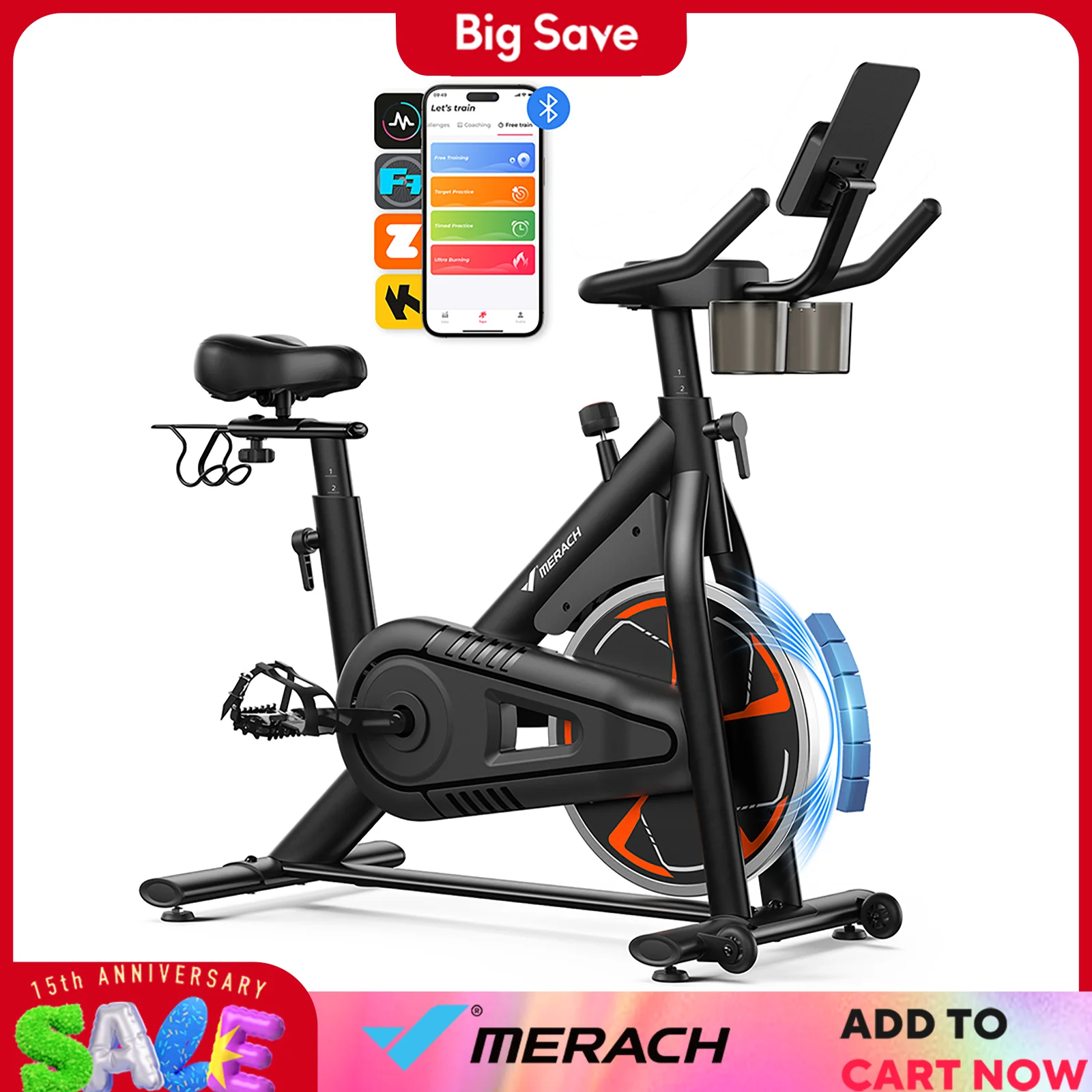 MERACH Bicicleta estática S36 para ciclismo interior magnético en el hogar con aplicación autoenvuelta, capacidad de 330 libras y cómodo cojín de asiento