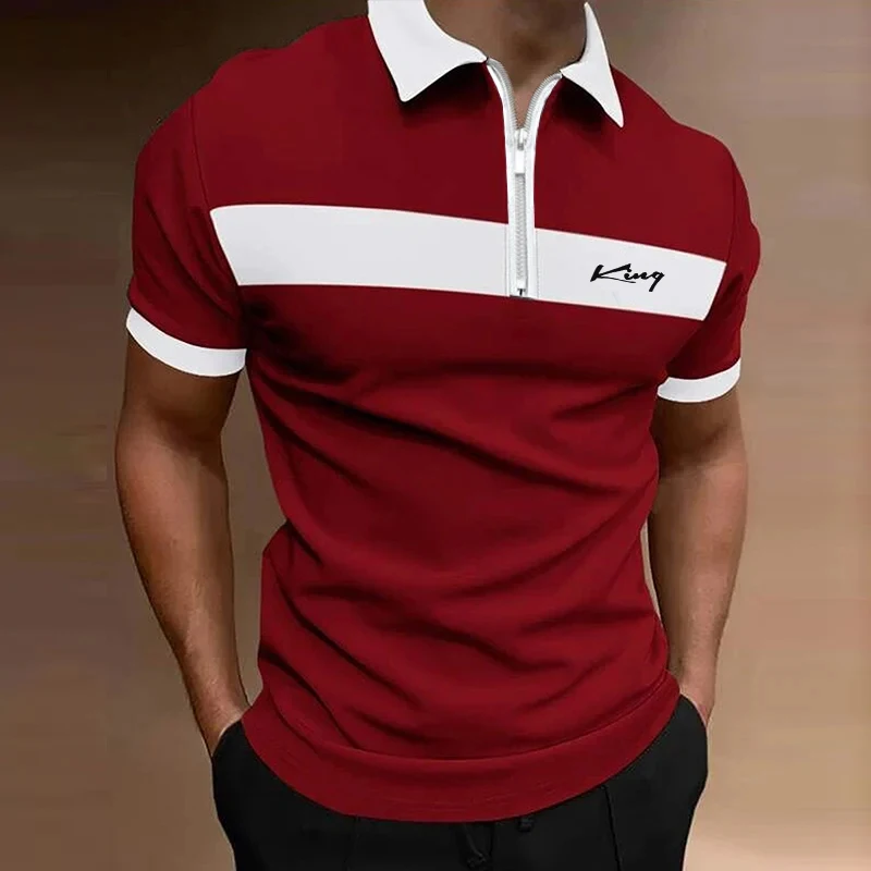 Men\'s Polo Shirt Zip Polo Short Sleeve Vacation Summer Spring Zipper Print Collar Black White Red Micro-elastic Polyester