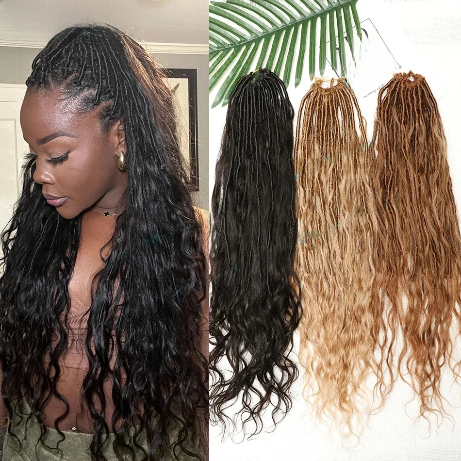 Gehaakte Boho Locs met krullen van echt haar 30 27, Kastanjebruine godin Pre-lus gehaakte Boho Locs met Body Wave Menselijk haar eindigt - afbeelding 2