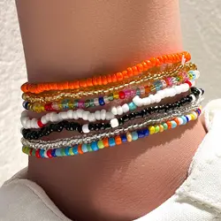 7Pcs/Set New Handmade Beaded Anklet Bracelets Rainbow Color Elastic Ankle Bracelet On The Leg Foot Chain Beach Jewelry
