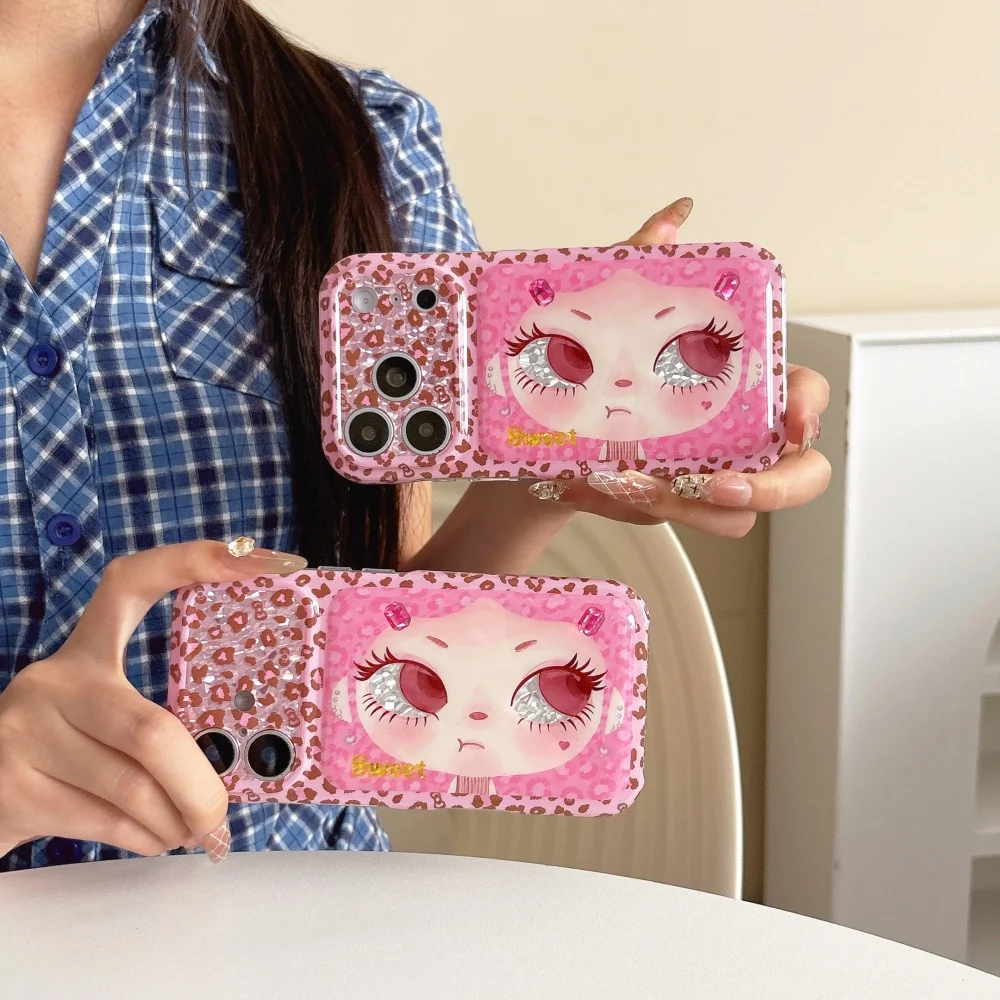 Fashion Leopard Cartoon Girl Pattern Phone Case for iPhone 18 Pro 17 Max 15 16 17 18 Pro Max, Kawaii Shockproof Protective Cover