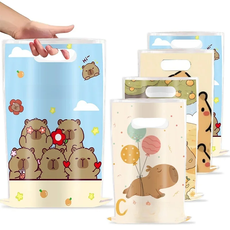 10/20/30 sacs cadeaux en plastique à poignée motif Capybara de dessin animé, sacs à bonbons pour enfants, sacs de fête d'anniversaire, sacs de friandises, décoration de baby shower