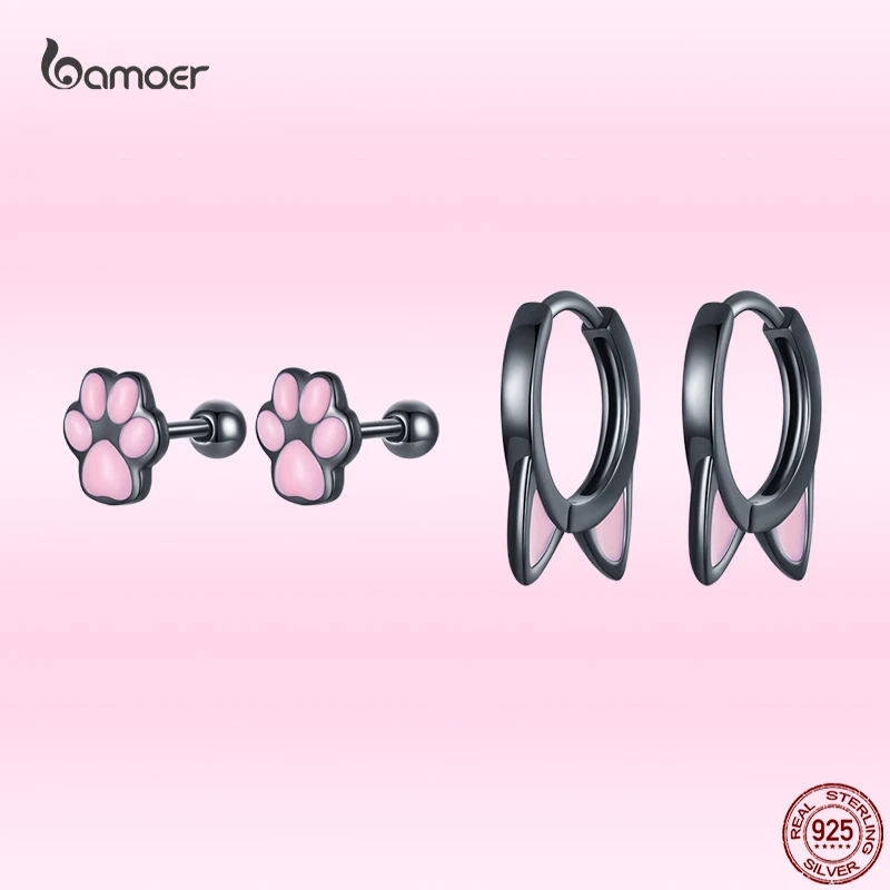 Bamoer S925 Sterling Silver Black cat\'s Claw Stud Earrings Cute Pink Cat\'s Ear Ear Buckle For Women Fine Jewelry Gift For Girl