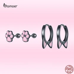 Bamoer S925 Sterling Silver Black cat's Claw Stud Earrings Cute Pink Cat's Ear Ear Buckle For Women Fine Jewelry Gift For Girl
