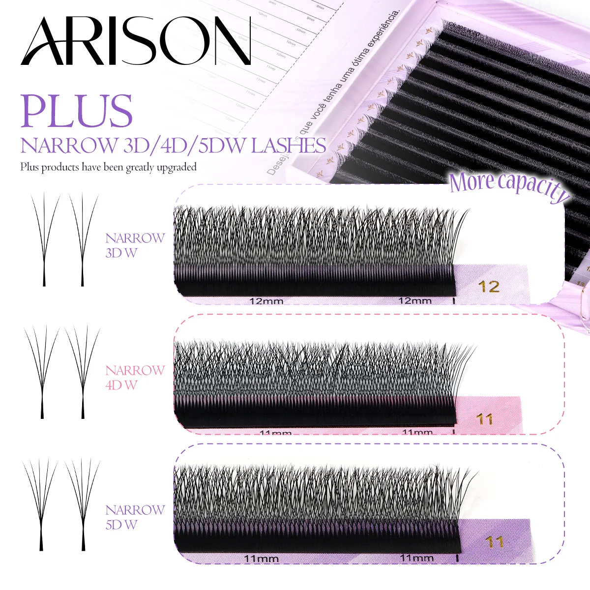 ARISON Plus W Наращивание ресниц 3D 4D 5D Узкие пучки 0.07 C D изгиб 8-13 мм Микс Двойная вместимость