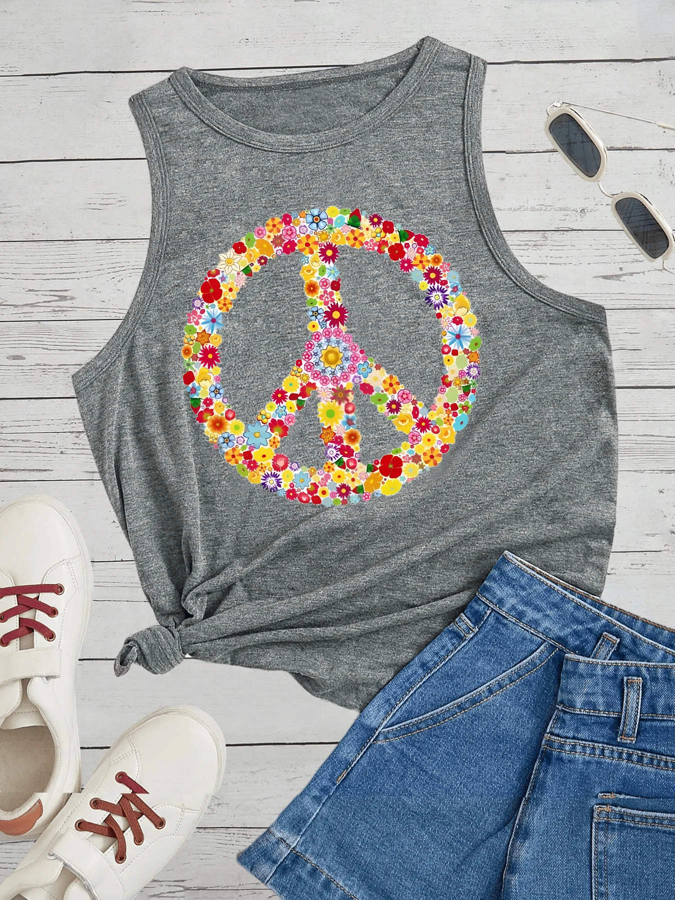 Peace Love Wreath Garland Ummer  Fashion Graphic Loose O Neck Sleeveless Casual Women's Tank Top