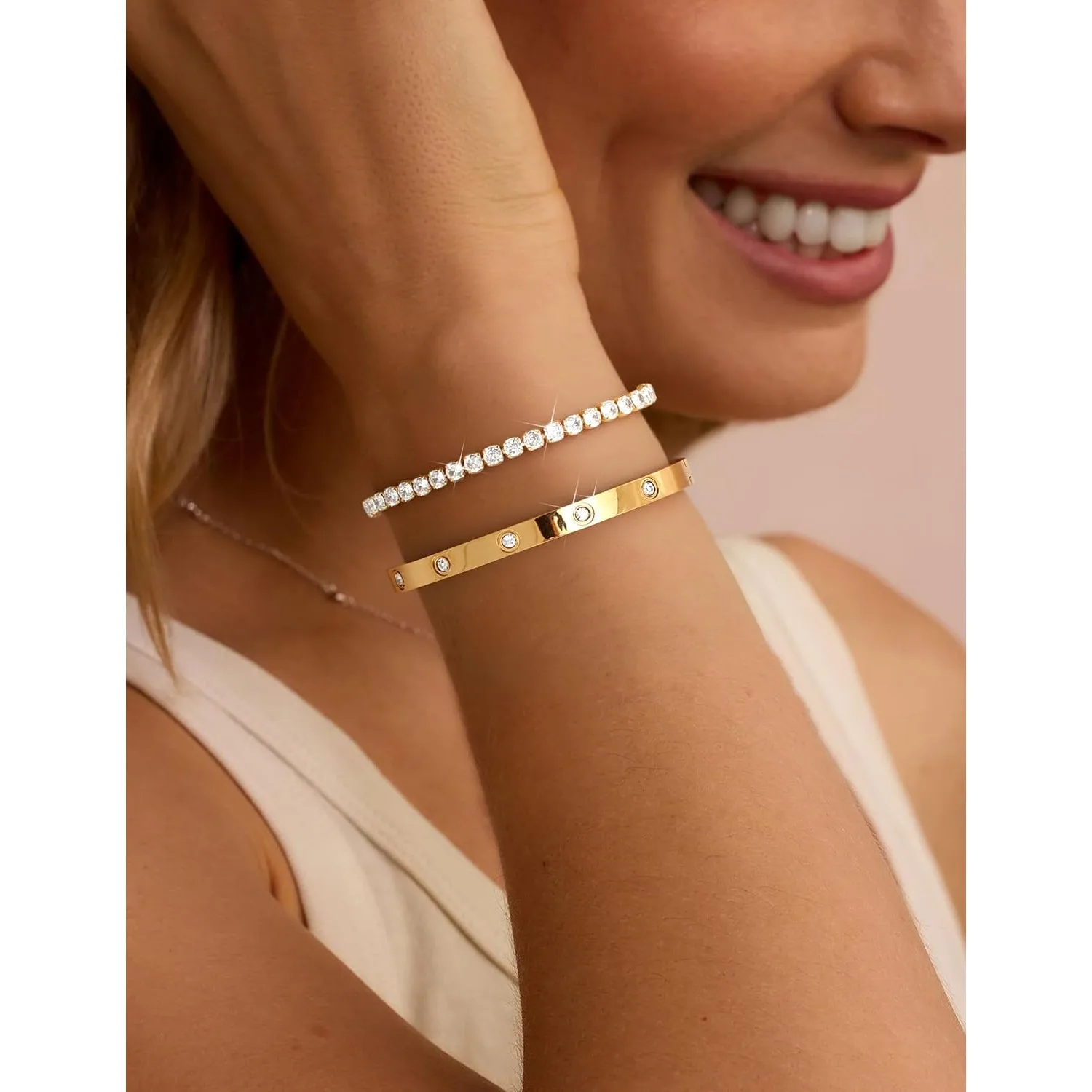 2Pcs 14K Gold/Silver Plated Tennis Bracelet Set for Women S925 Sterling Silver Post Surgical Steel Adjustable Cubic Zirconia Stacking Bracelets Dainty Non Tarnish Trendy Bangles Hypoallergenic Waterproof Versatile Daily Wear Wedding Party Gift Jewelry
