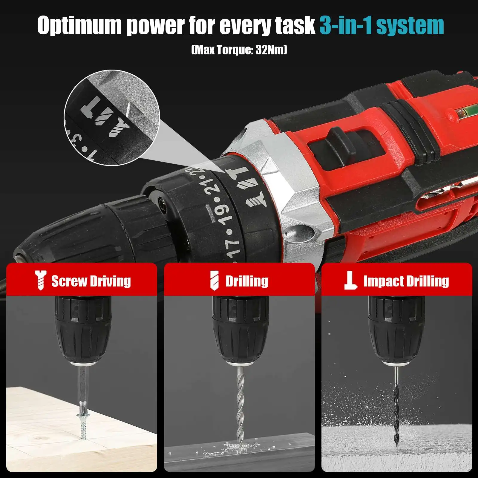 21V Akku-Schrauber 3-in-1 32N.m Elektrischer Bildschirm-Schrauber 1600RPM Hochgeschwindigkeit mit Schraubbits für Heimwerker DIY Power Oils LED-Licht – Detail 11