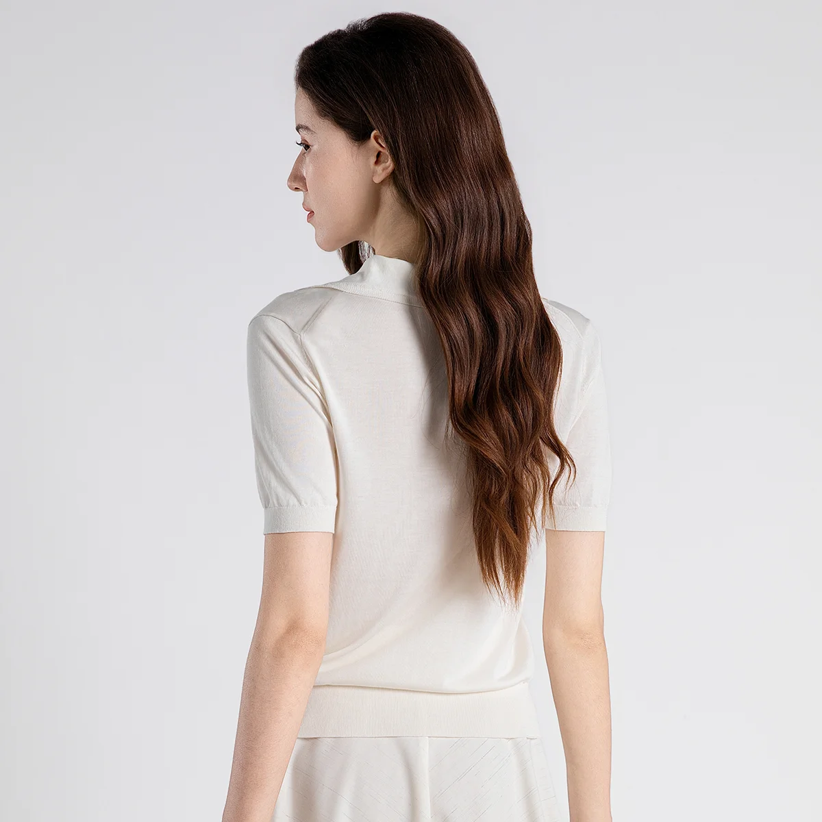 TH861144 Luxury Spun Silk Sweater Women's LP Pullover Satin Trim Pocket V-Neck Short Sleeve Slim Fit Ribbed Top