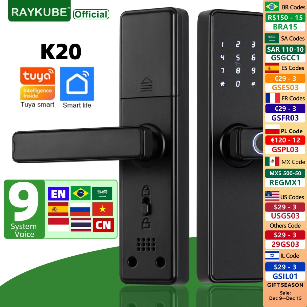 2024 NEW RAYKUBE K20 9-language Biometric Fingerprint Door Lock Electronic Door Lock with  Tuya APP/IC Card/Password/ Key Unlock