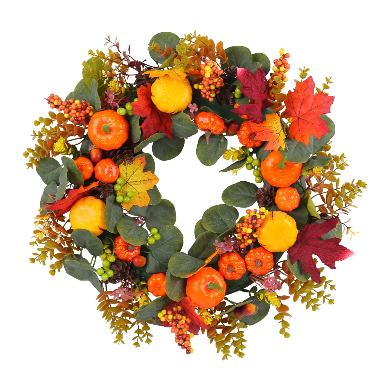 20 inch Artificial Fall Front Door Wreath, Christmas Wreath with Pumpkin Maple Leaves and Red Berry Ideal, Indoor Outdoor Decor