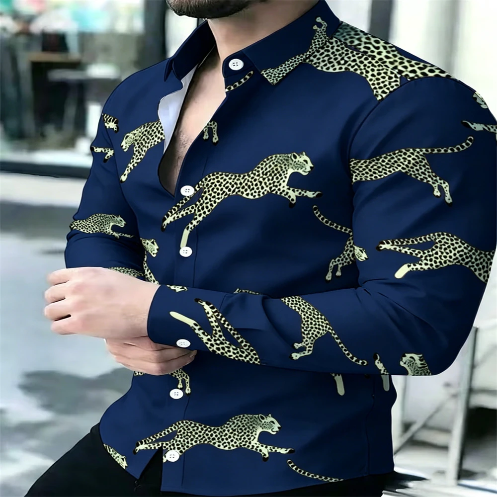 Fashion Men Glossy Satin Shirt Running Cheetah Animal Print  Tone Long Sleeve Turn Down Collar Slim Daily Nightclub Tops